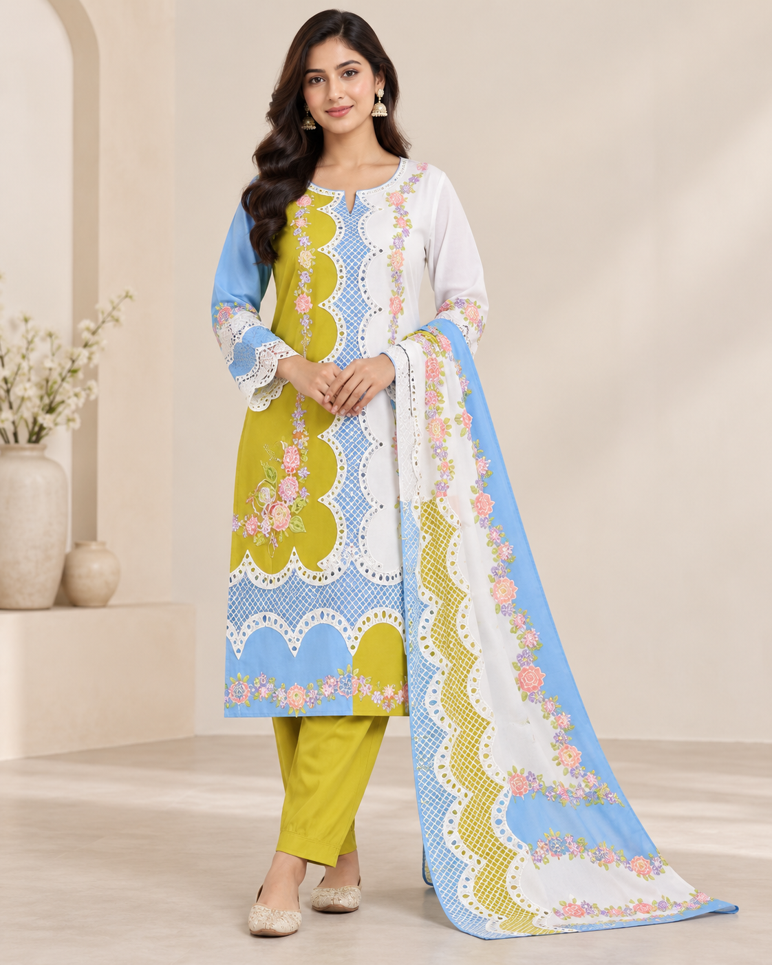 Ladies Floral Patchwork Embroidered 3 Piece Suit