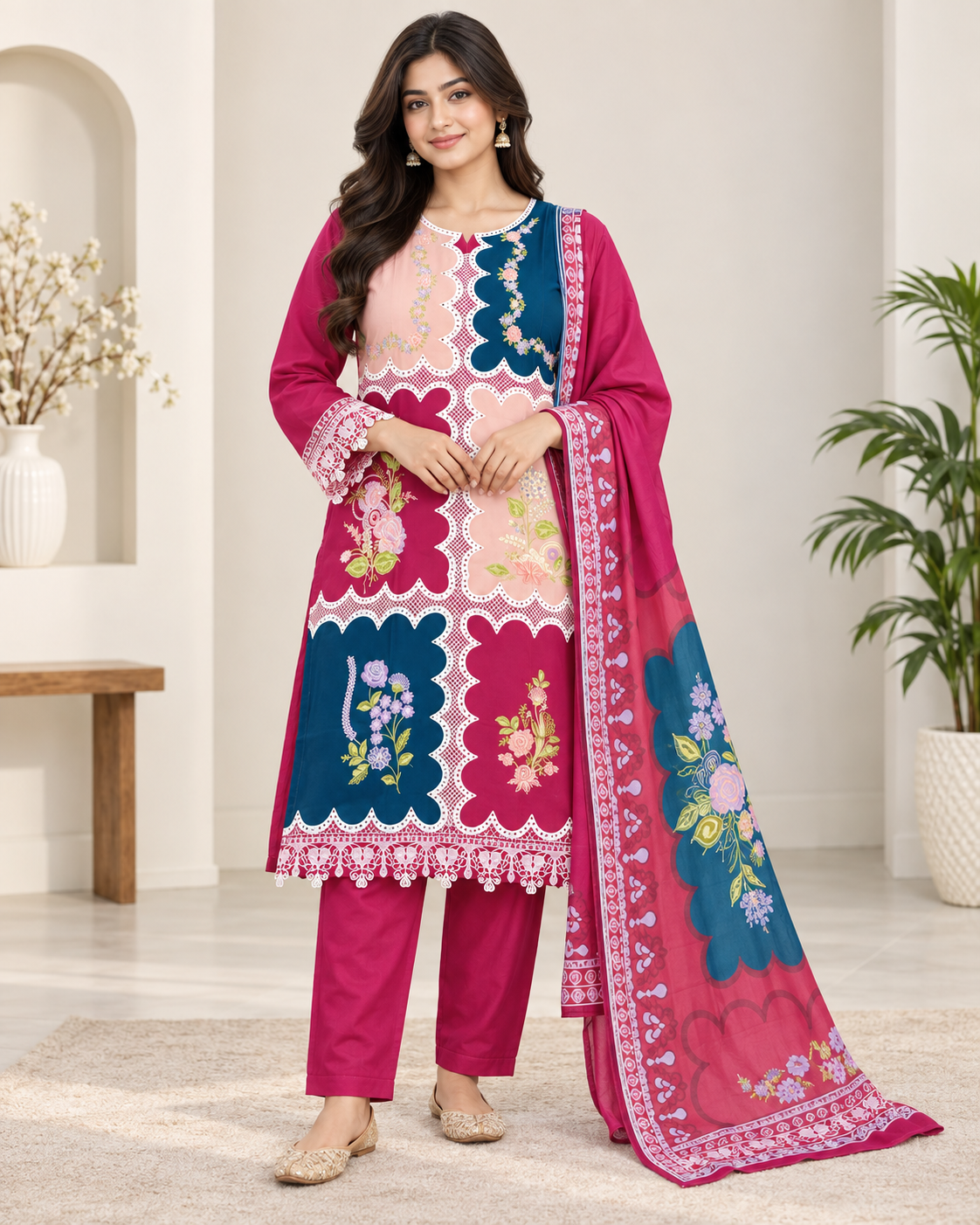 Ladies Floral Patchwork Embroidered 3 Piece Suit