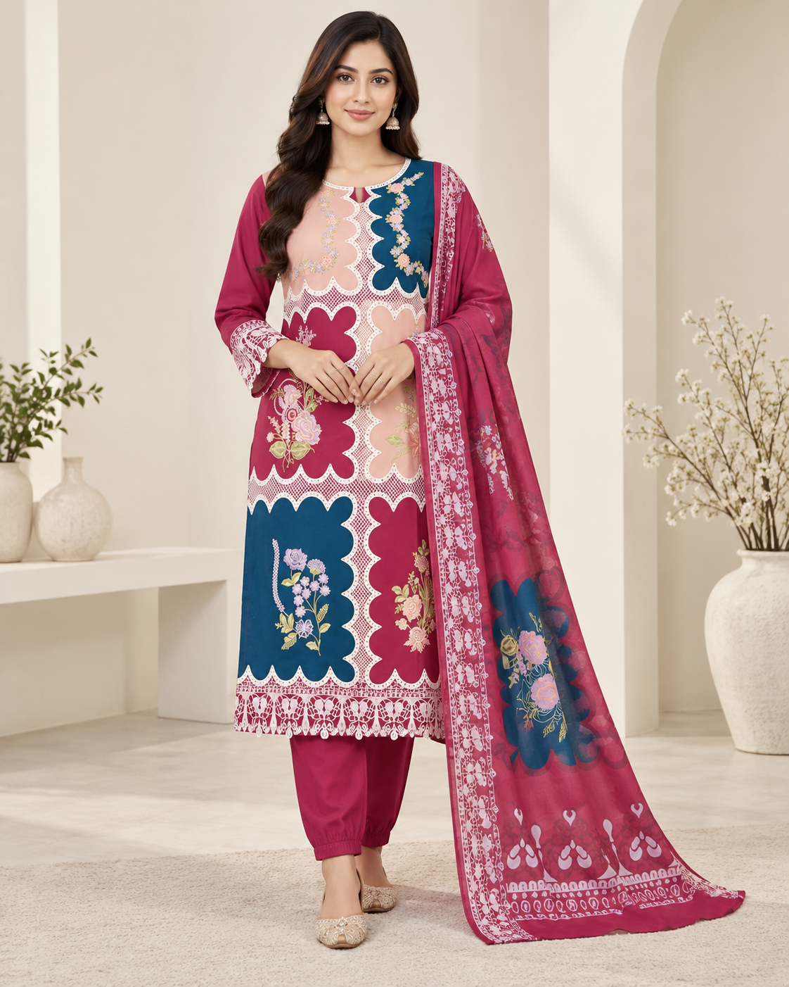 Ladies Floral Patchwork Embroidered 3 Piece Suit