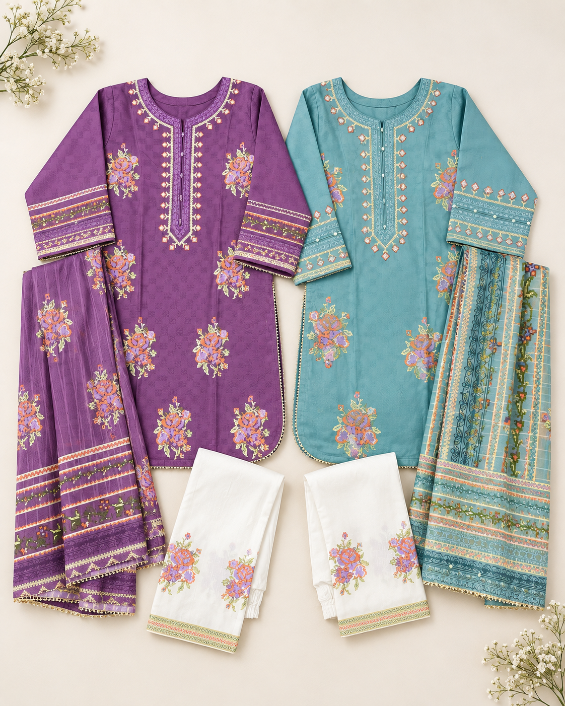 Rose Motif Embroidered 3-Piece Stitched Suit