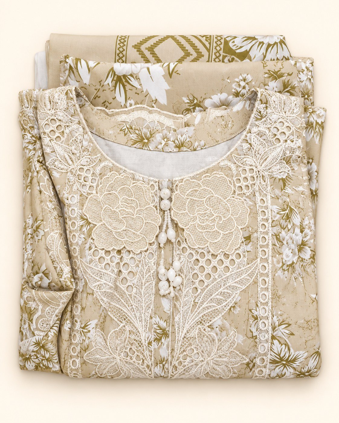 Beige Floral Lace Embroidered 3-Piece Stitched Suit