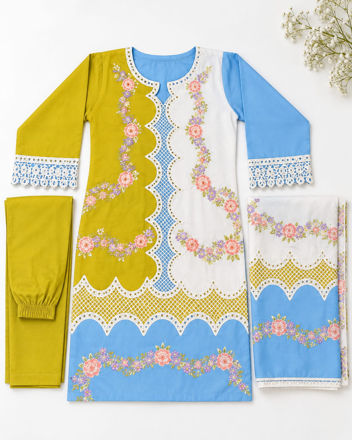 Ladies Floral Patchwork Embroidered 3 Piece Suit