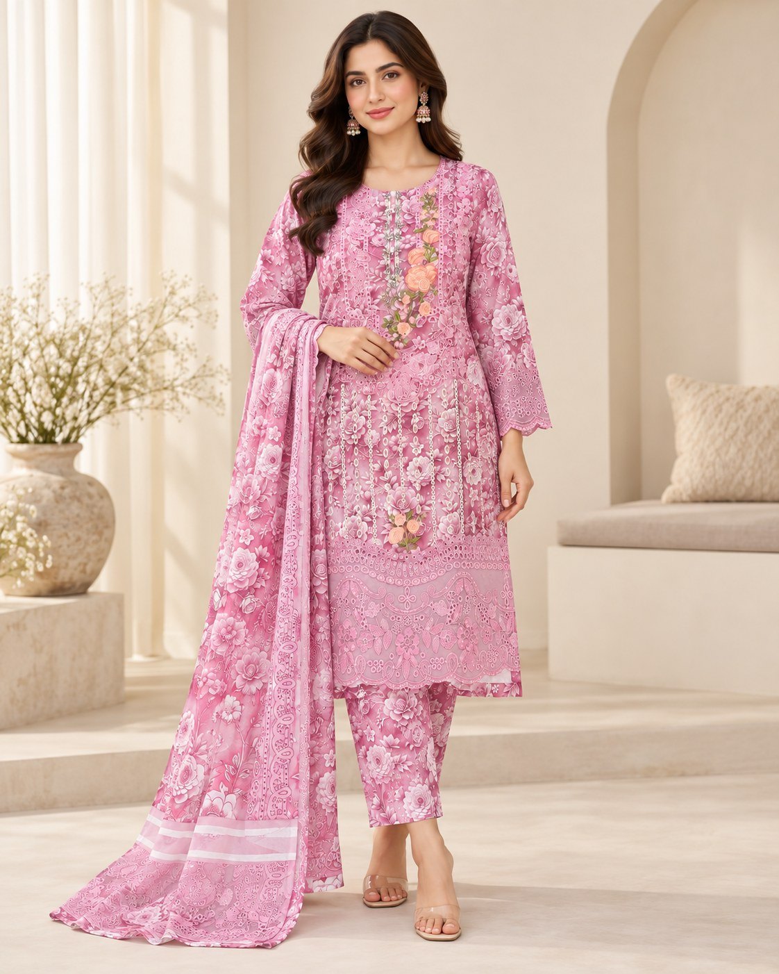Floral Embroidered 3-Piece Stitched Suit