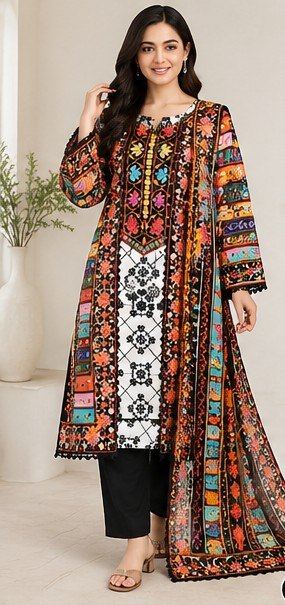 Multicolor Floral Printed 3-Piece Stitched Suit