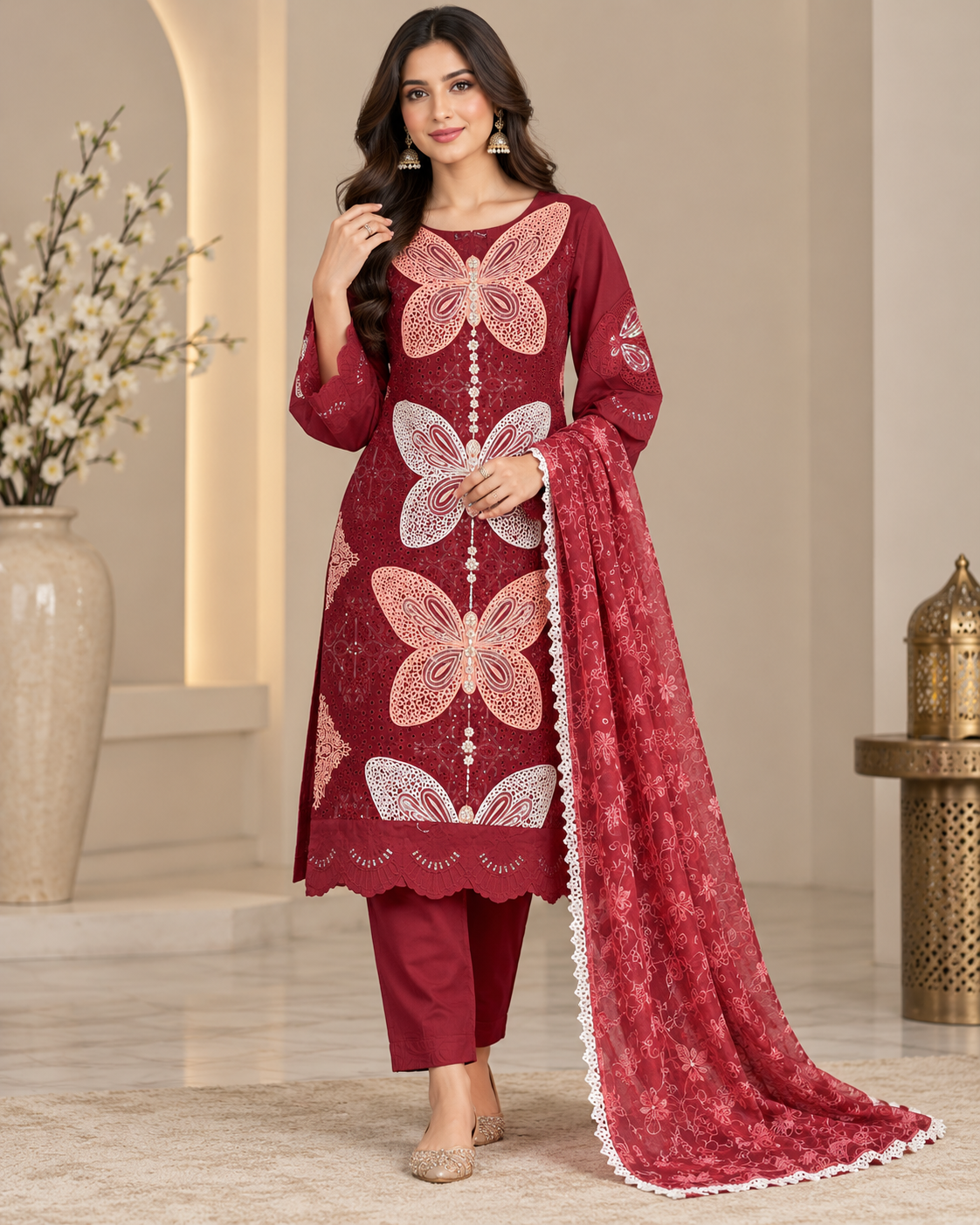 Butterfly Embroidered 3-Piece Stitched Suit