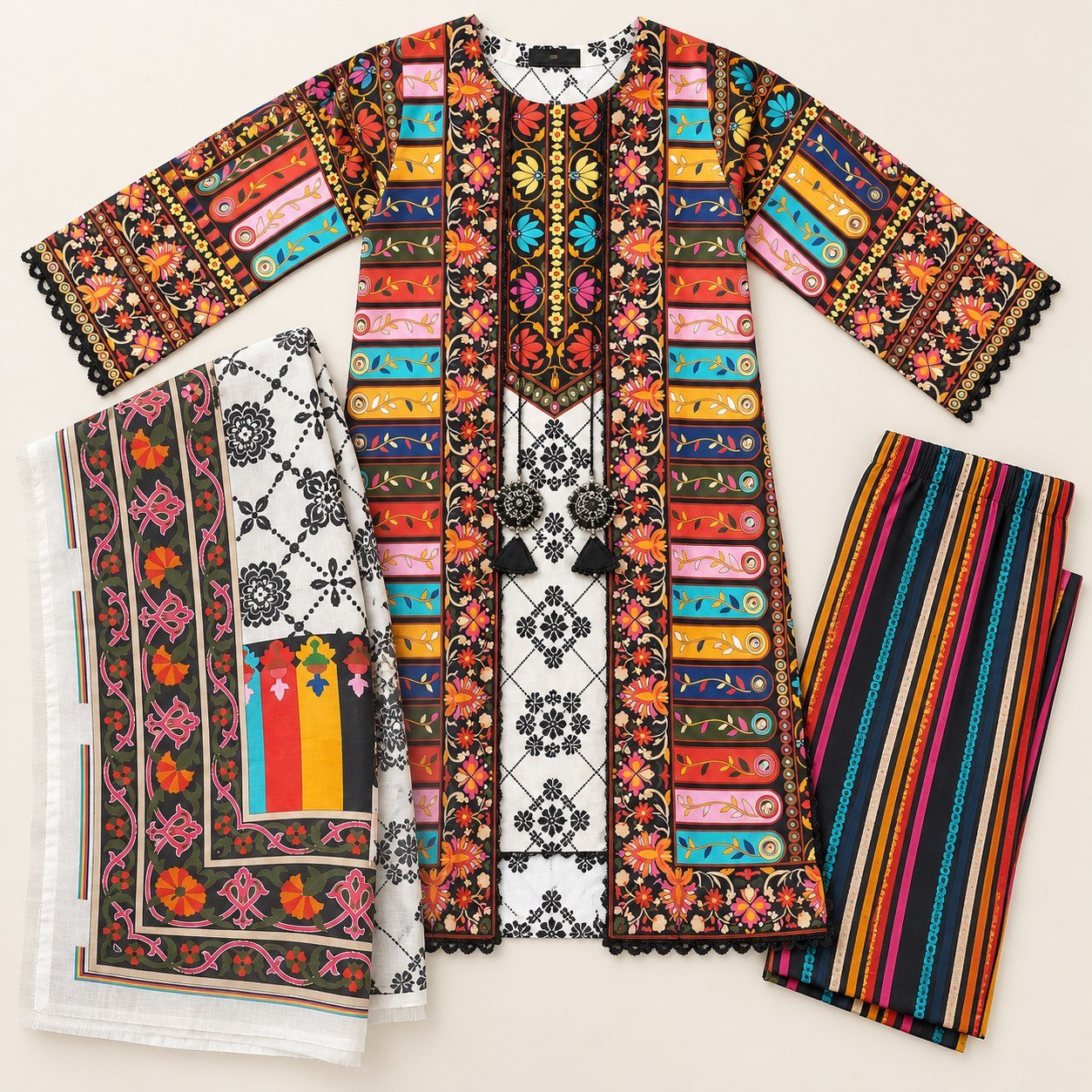 Multicolor Floral Printed 3-Piece Stitched Suit
