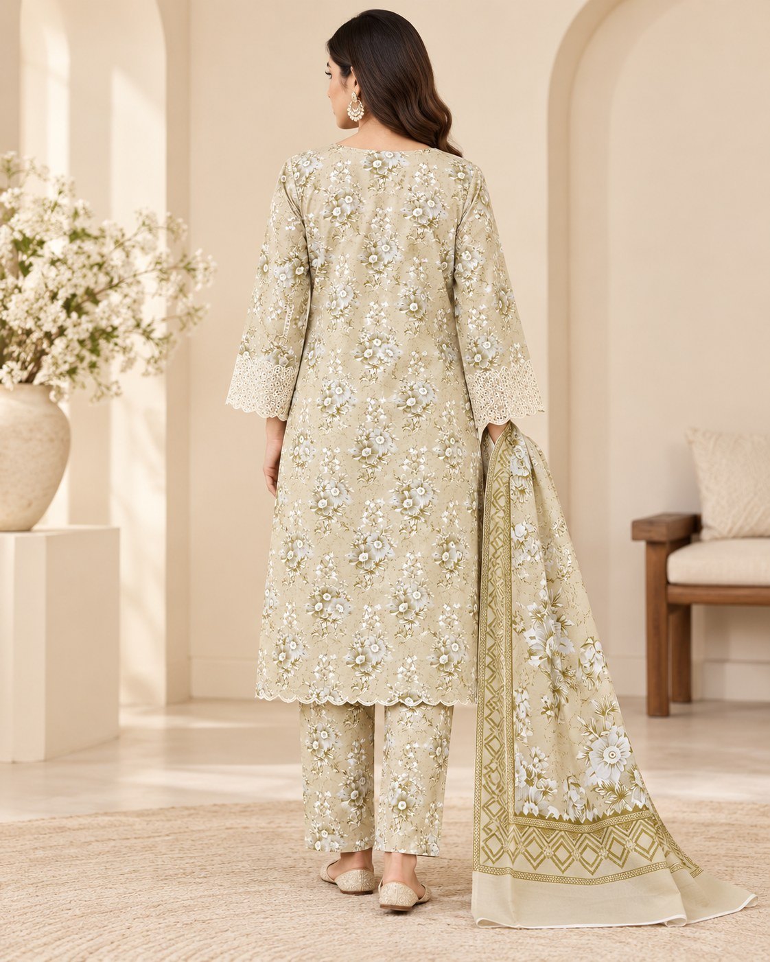 Beige Floral Lace Embroidered 3-Piece Stitched Suit