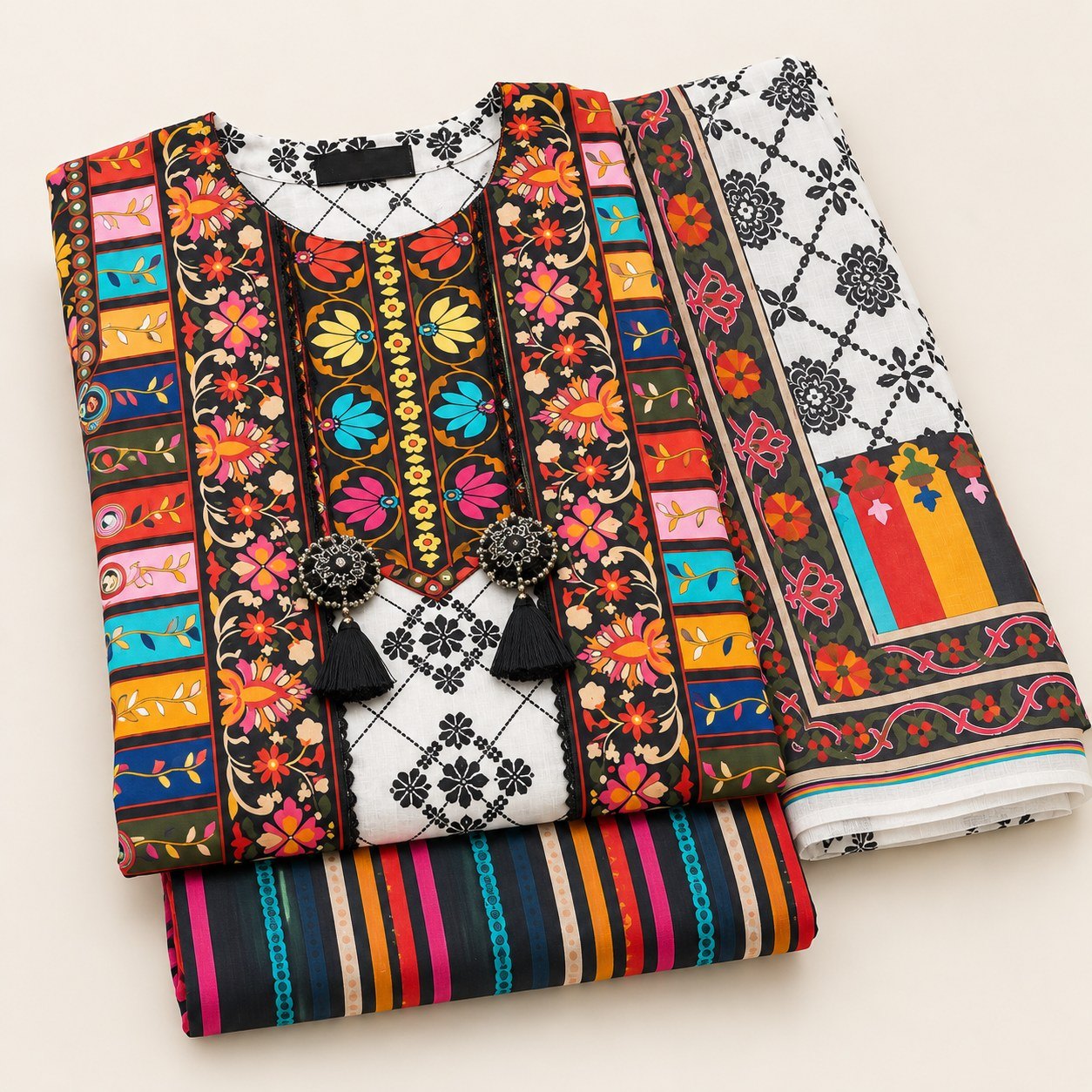 Multicolor Floral Printed 3-Piece Stitched Suit