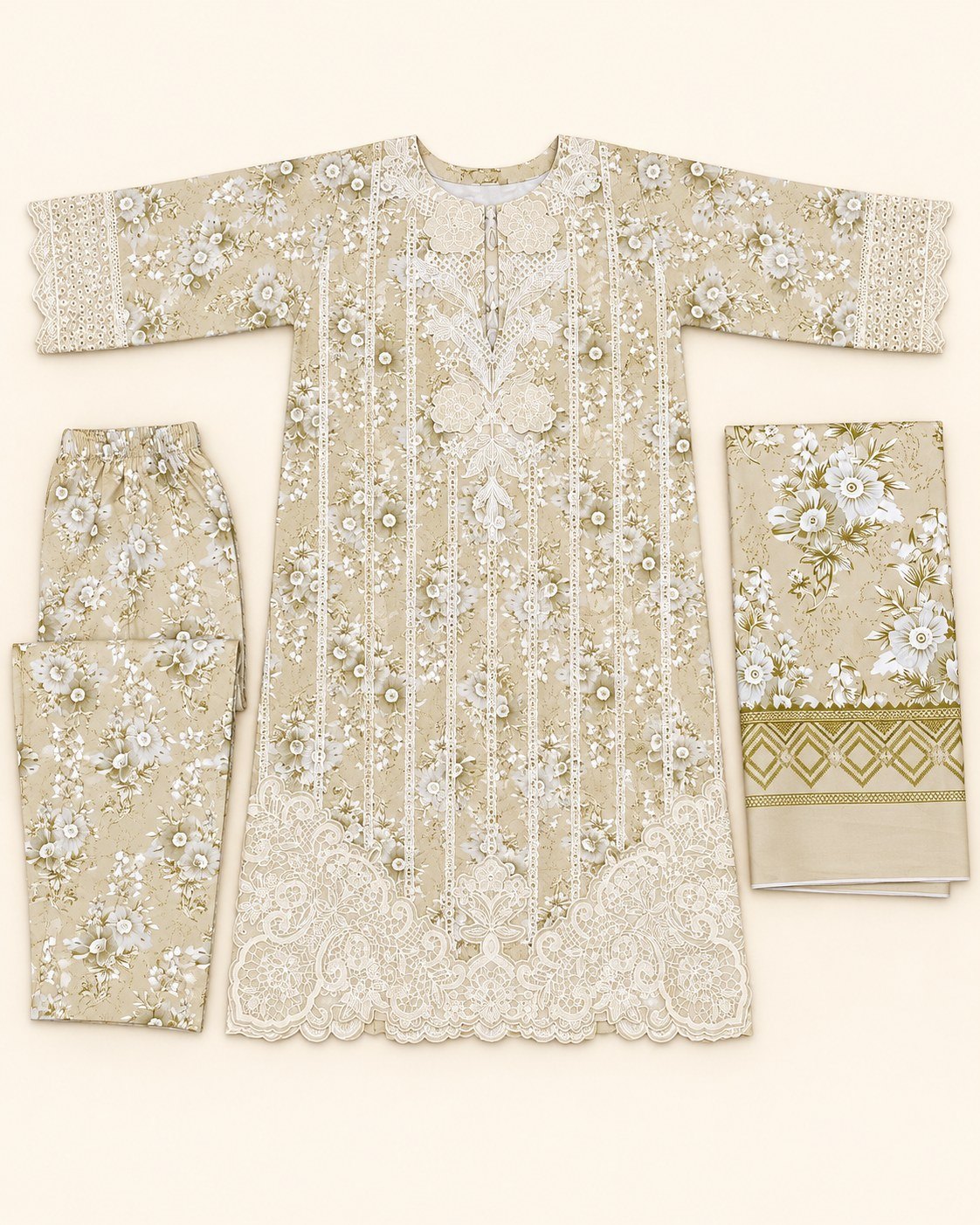 Beige Floral Lace Embroidered 3-Piece Stitched Suit