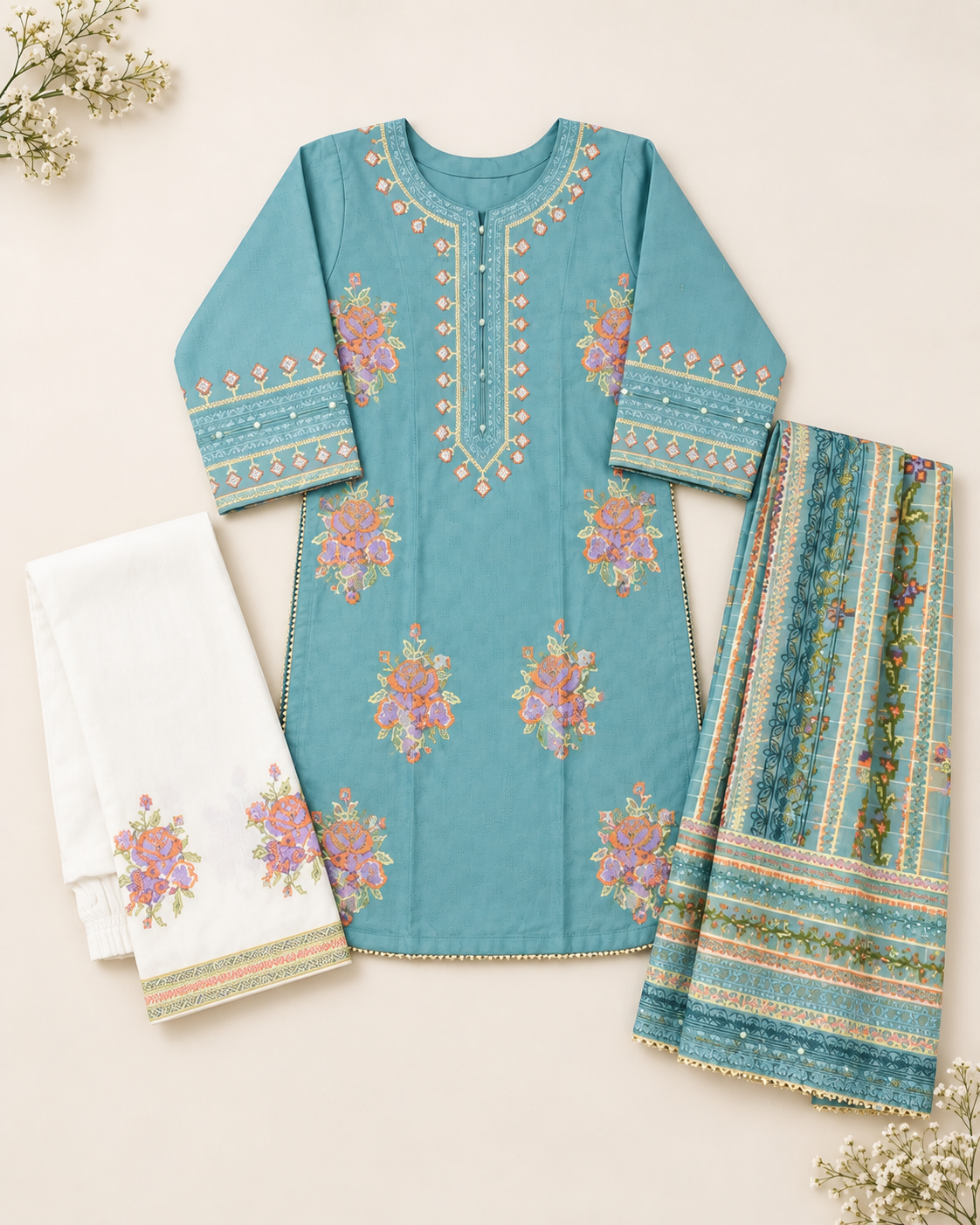 Rose Motif Embroidered 3-Piece Stitched Suit