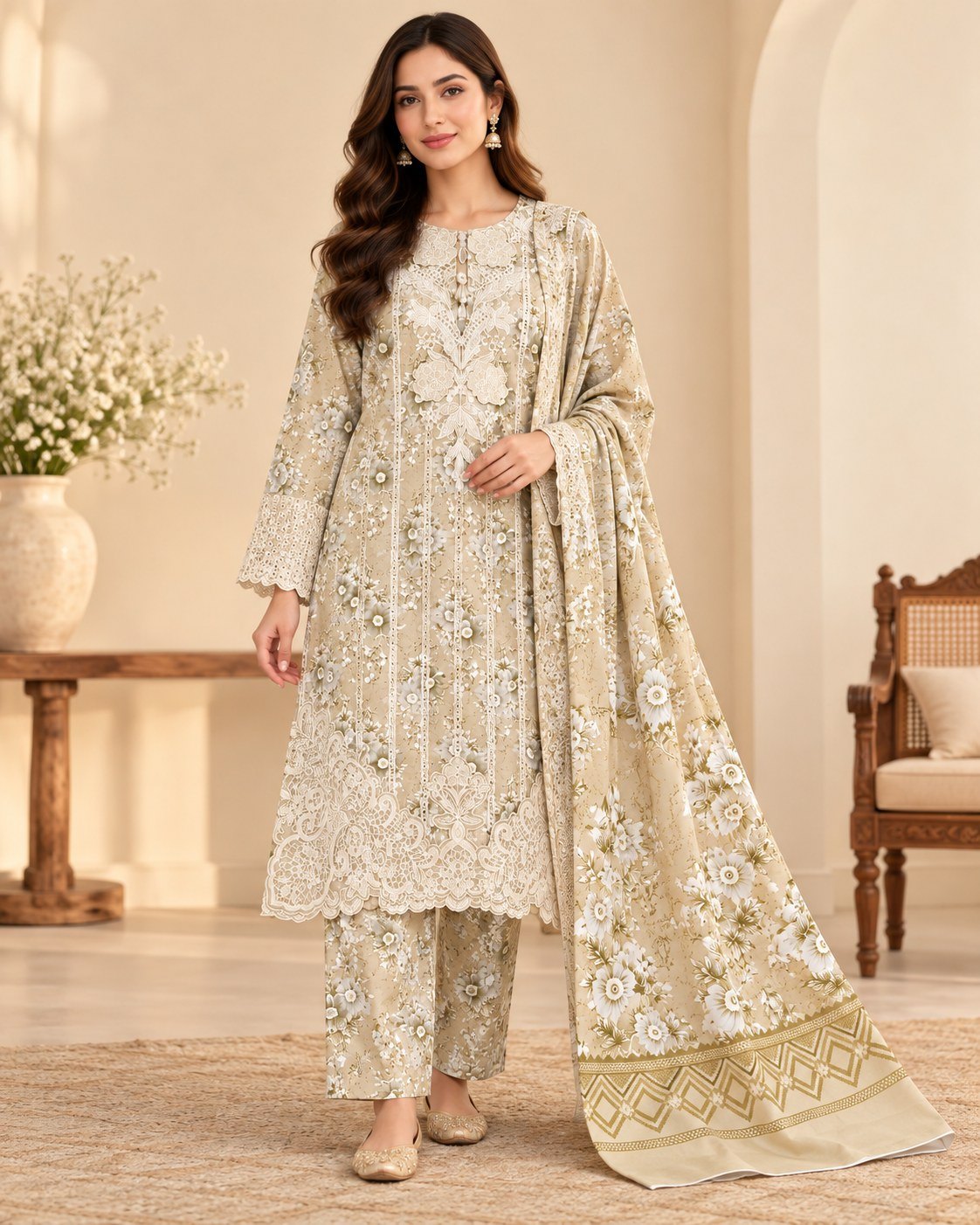 Beige Floral Lace Embroidered 3-Piece Stitched Suit