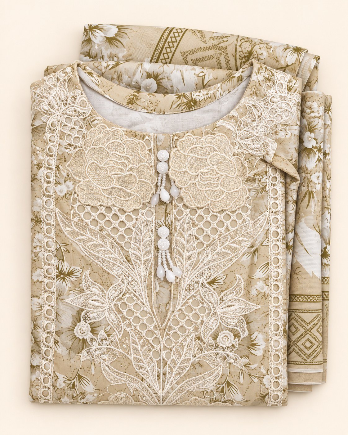 Beige Floral Lace Embroidered 3-Piece Stitched Suit