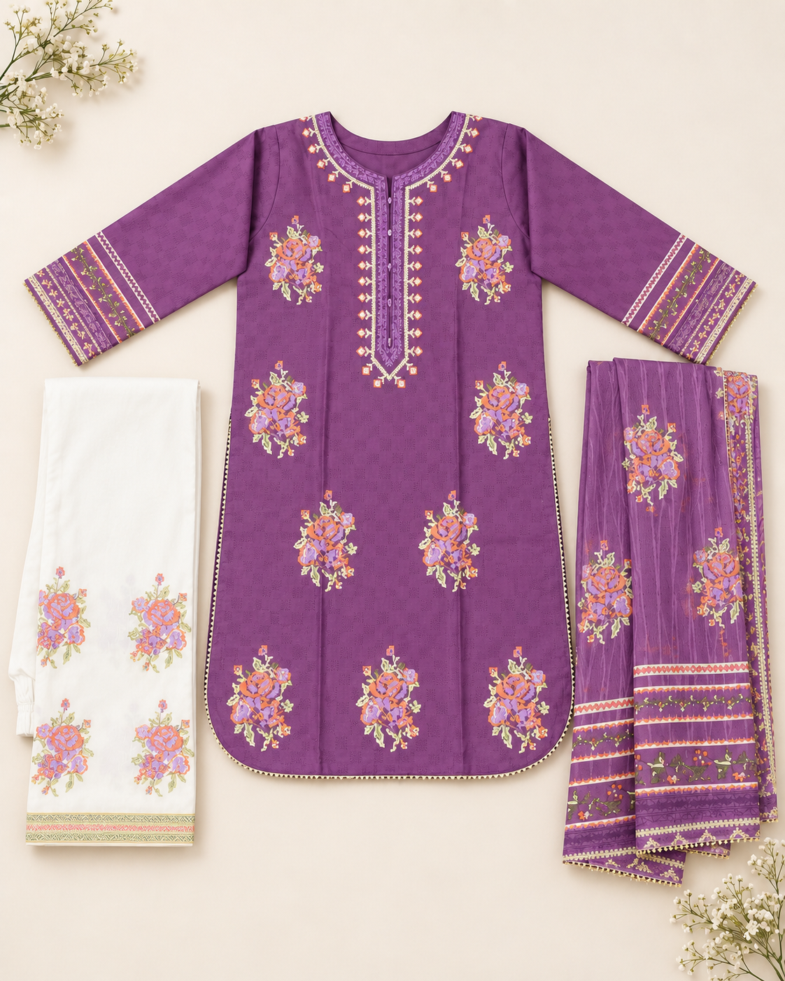 Rose Motif Embroidered 3-Piece Stitched Suit