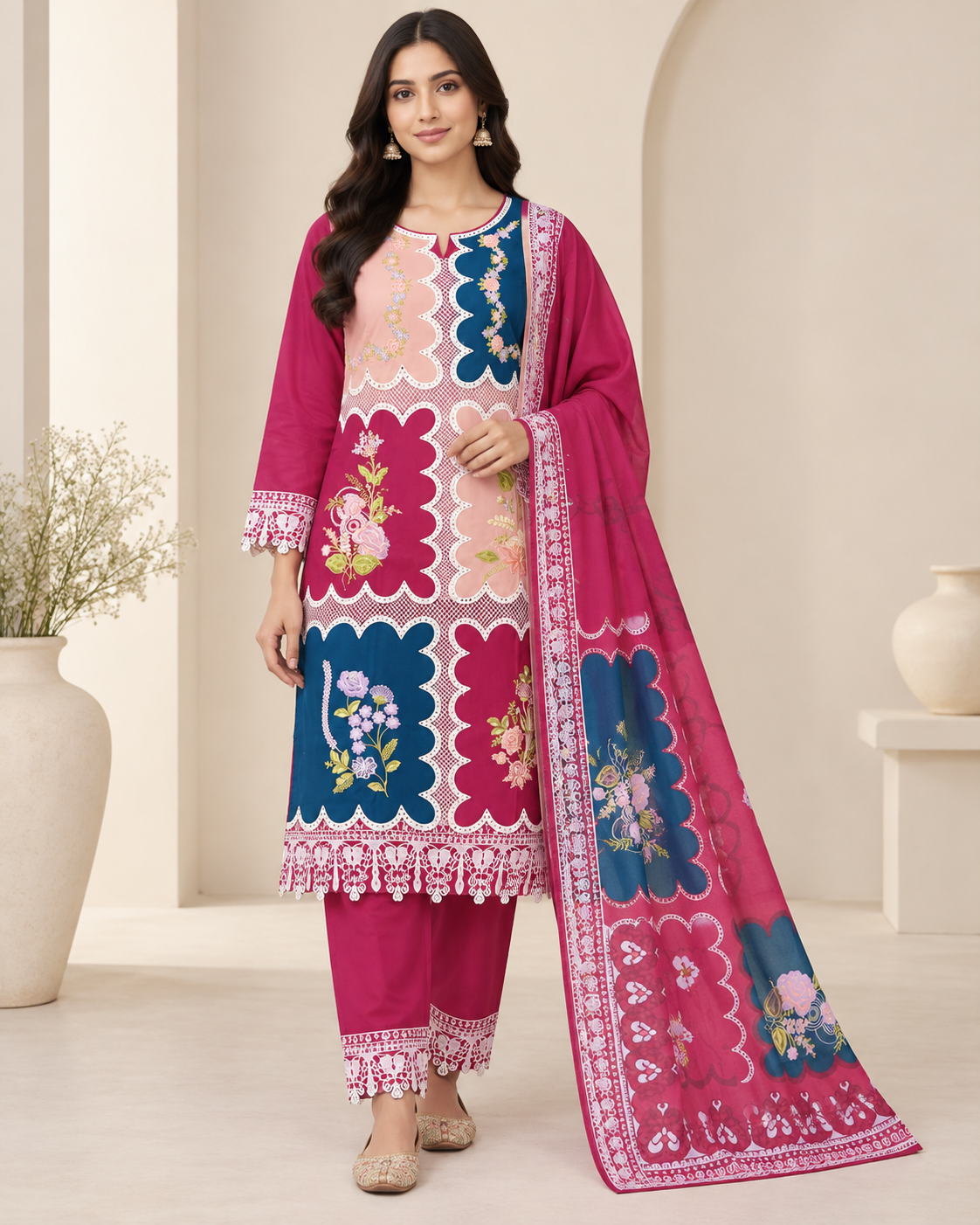 Ladies Floral Patchwork Embroidered 3 Piece Suit